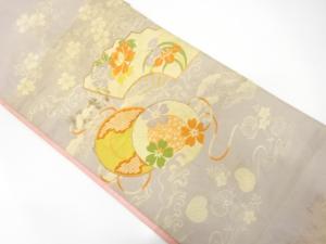 アンティーク　扇に鼓・花模様刺繍昼夜帯（材料）